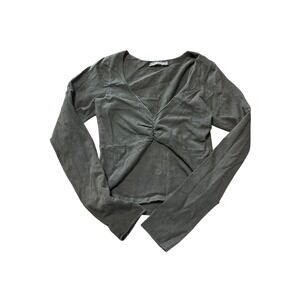 Brandy‎ Melville Black Crop Long Sleeve V-Neck Basic Casual Shirt Top Stretch